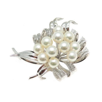 925 Sterling Silver Antique Japan Real Akoya Pearl Floral Pin Brooch