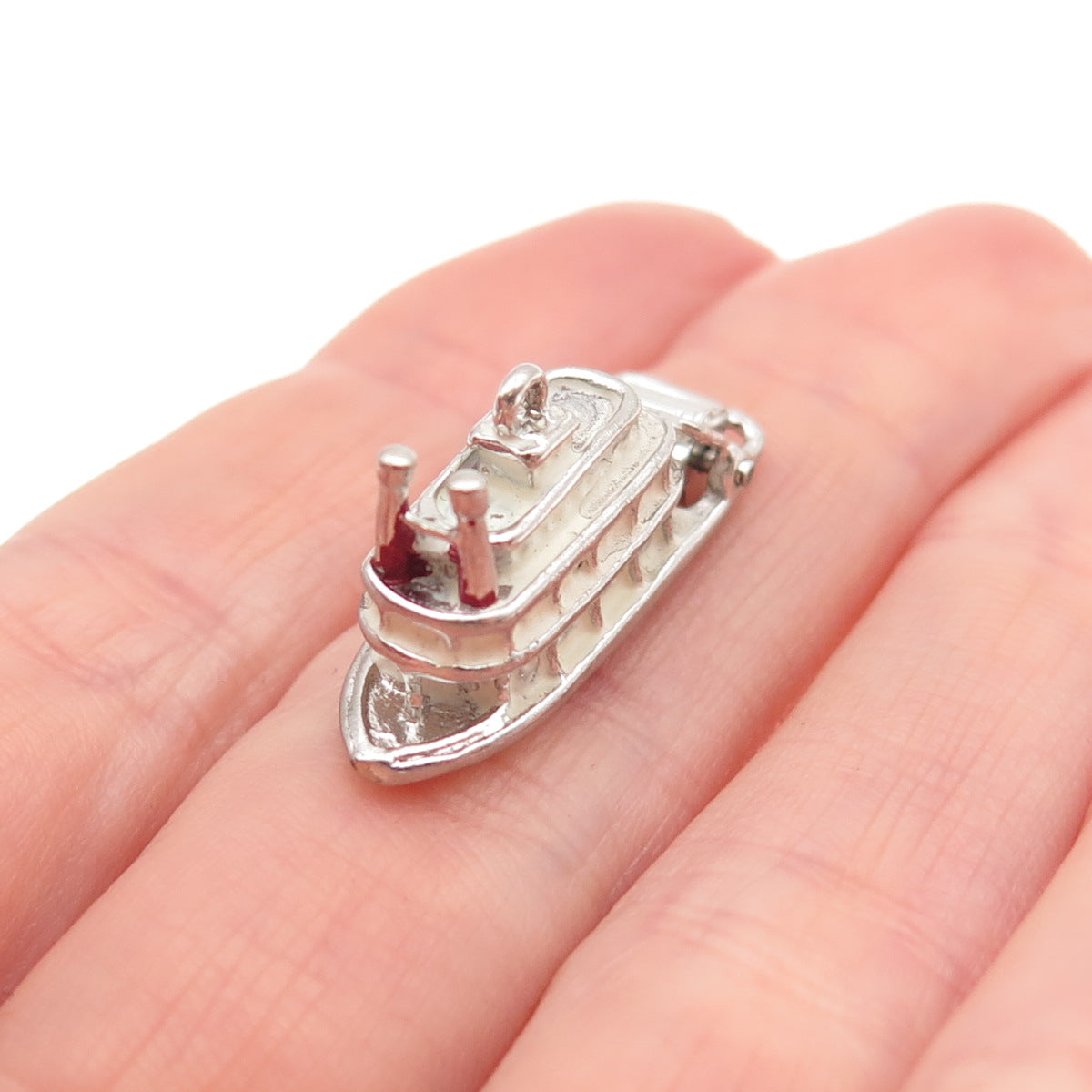 925 Sterling Silver Antique Art Deco Enamel Steamboat 3D Mini Charm Pendant
