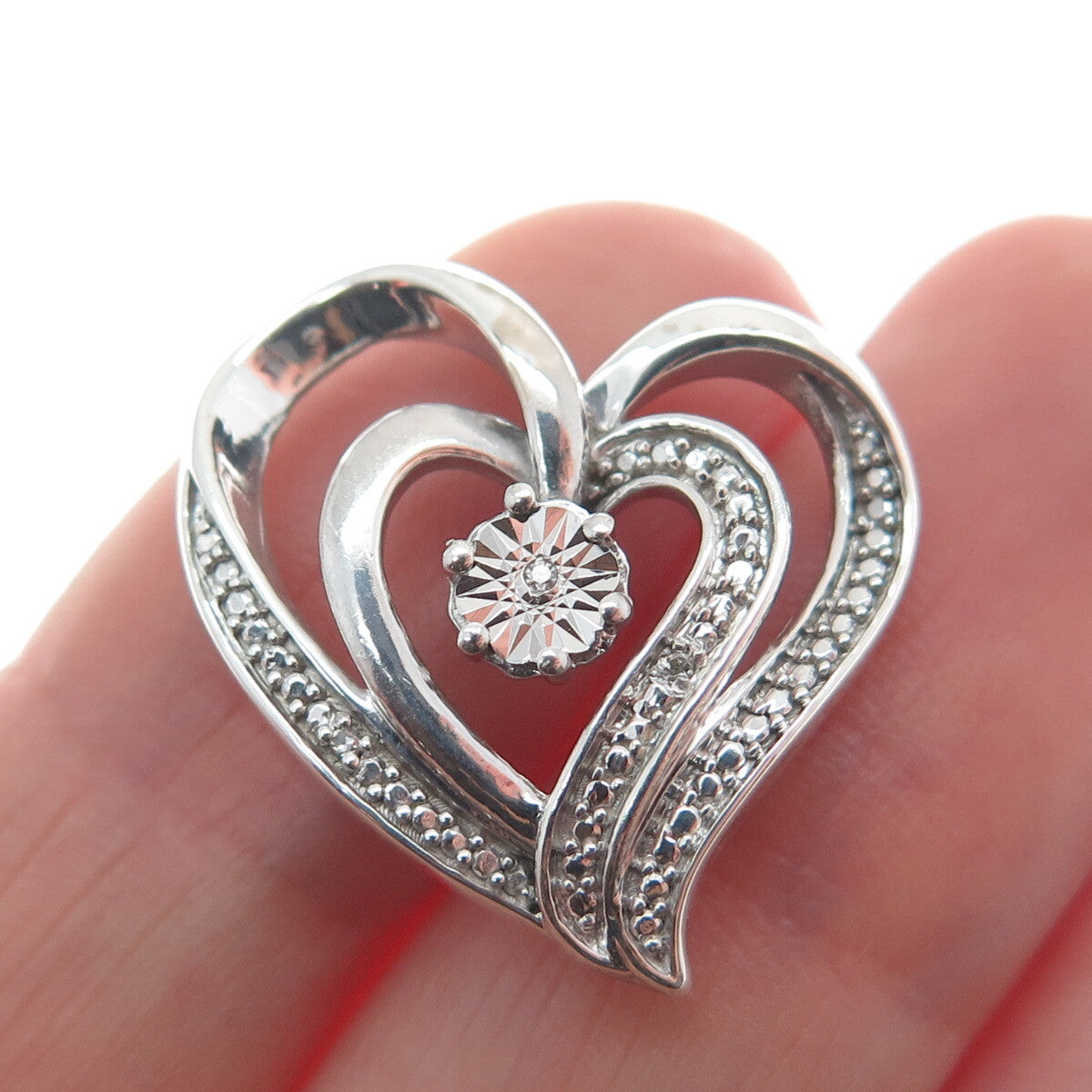 925 Sterling Silver Real White Diamond Open Double Heart Slide Pendant