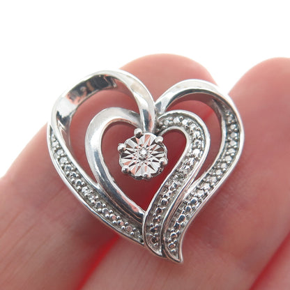 925 Sterling Silver Real White Diamond Open Double Heart Slide Pendant