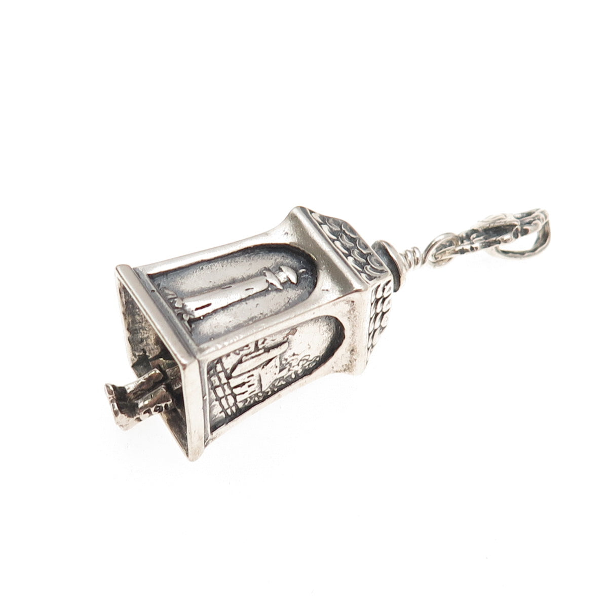 925 Sterling Vintage Lighthouse & Stork Bell 1791 Oxidized 3D Charm Pendant