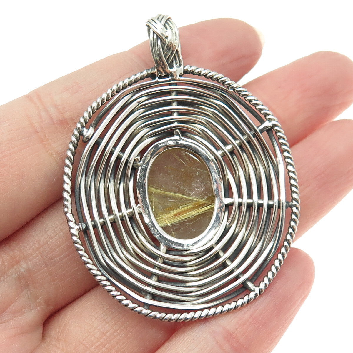 925 Sterling Silver Vintage Rutilated Quartz Modernist Wicker Oxidized Pendant