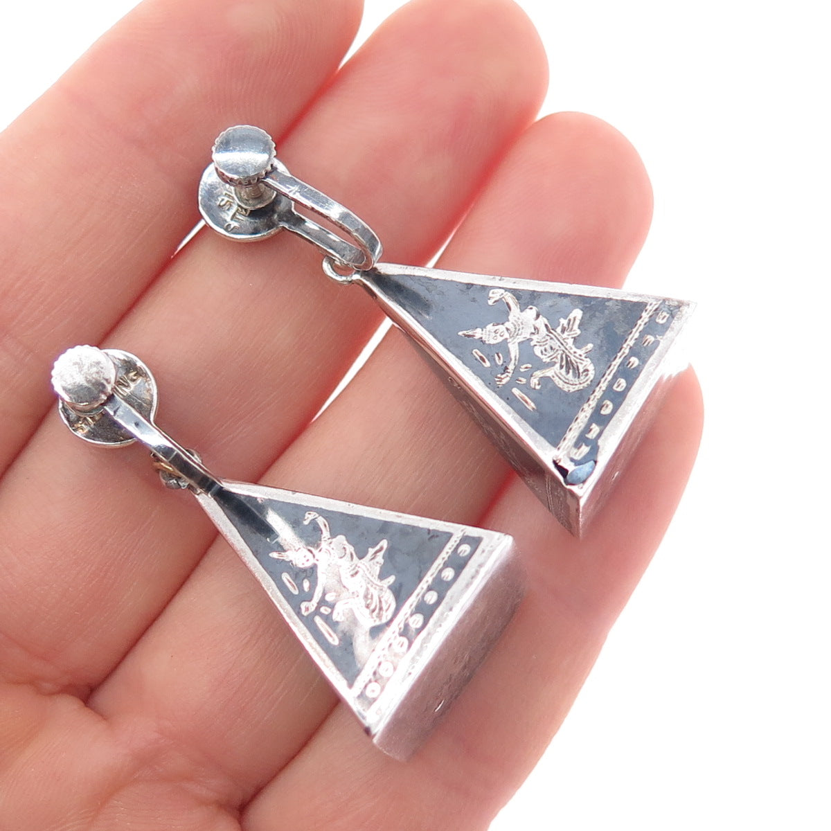 925 Sterling Silver Antique Siam Niello Hindu Goddess Screw Back Dangle Earrings