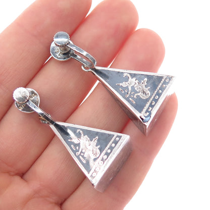 925 Sterling Silver Antique Siam Niello Hindu Goddess Screw Back Dangle Earrings