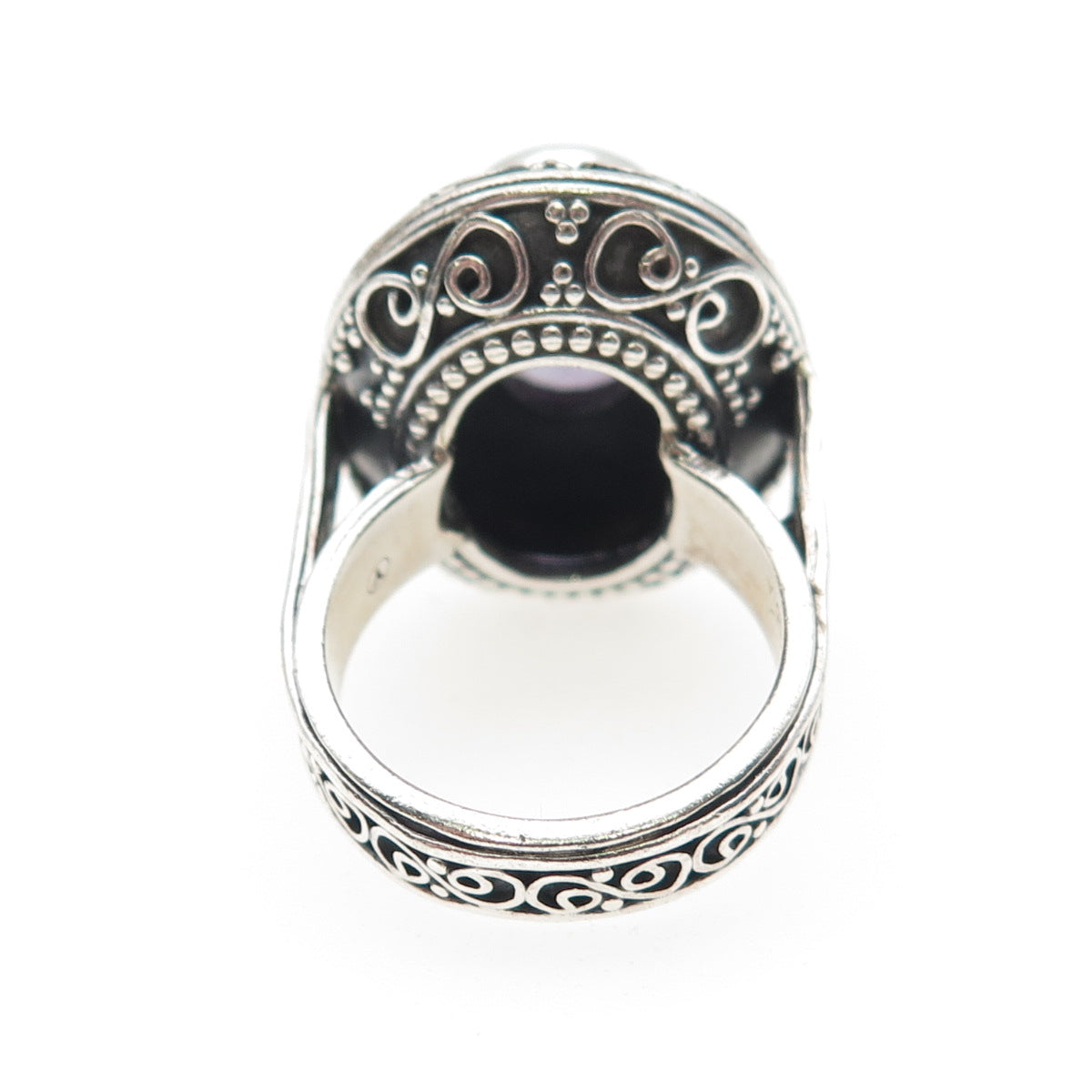 925 Sterling Silver Vintage Real Amethyst Scroll Oxidized Ring Size 7
