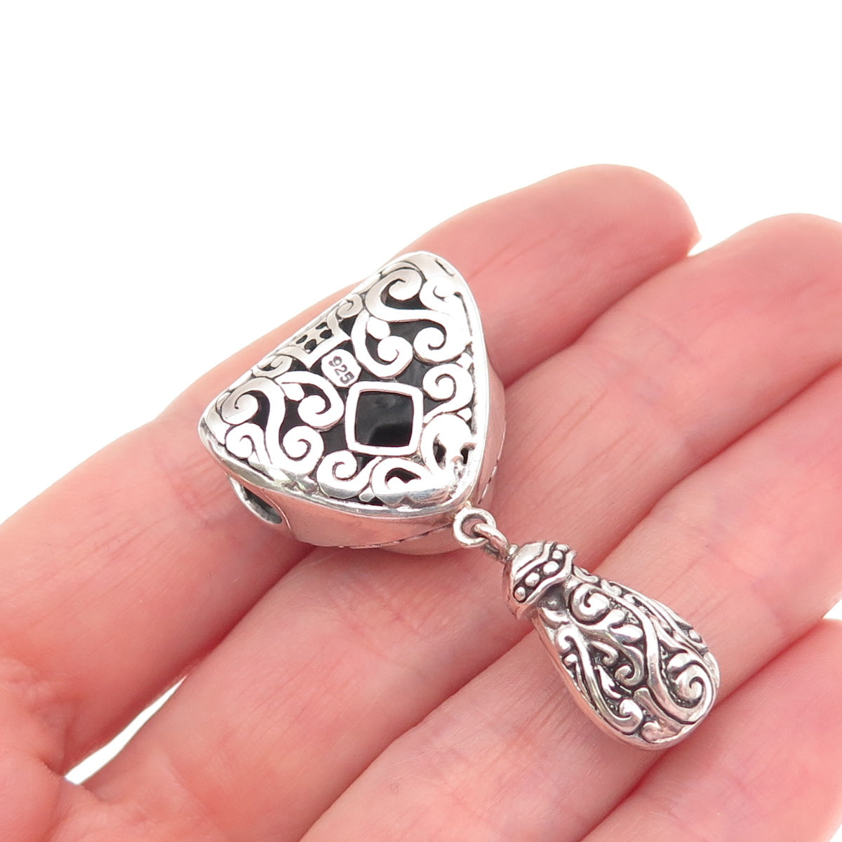 925 Sterling Silver Vintage Real Red Garnet Heart Swirl Slide Pendant