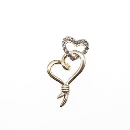 Sun 925 Sterling Silver 2-Tone Real Diamond Double Heart Slide Charm Pendant