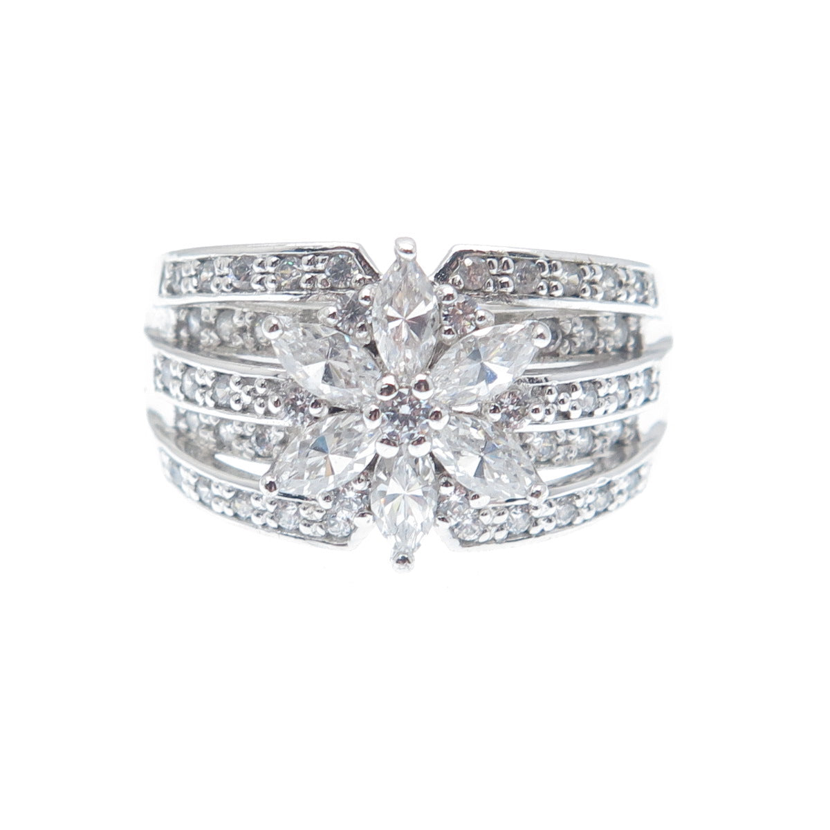 925 Sterling Silver Marquise & Round-Cut Shaped C Z Floral Ring Size 8.25