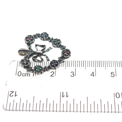 FRANKLIN MINT Sterling Vintage 1982 Diamond Sapphire Emerald Ruby Heart Pendant