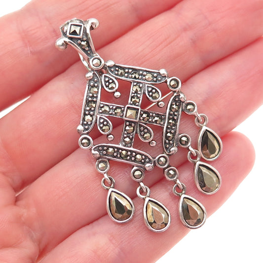 925 Sterling Silver Vintage Real Marcasite Chandelier Oxidized Pendant