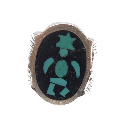 Old Pawn 925 Sterling Silver Vintage Turquoise Black Onyx Kachina Ring Size 12.5