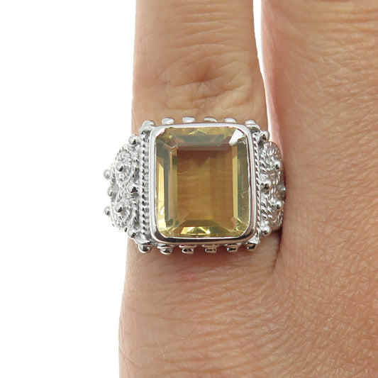 925 Sterling Silver Real Emerald-Cut Citrine Swirl Ring Size 6