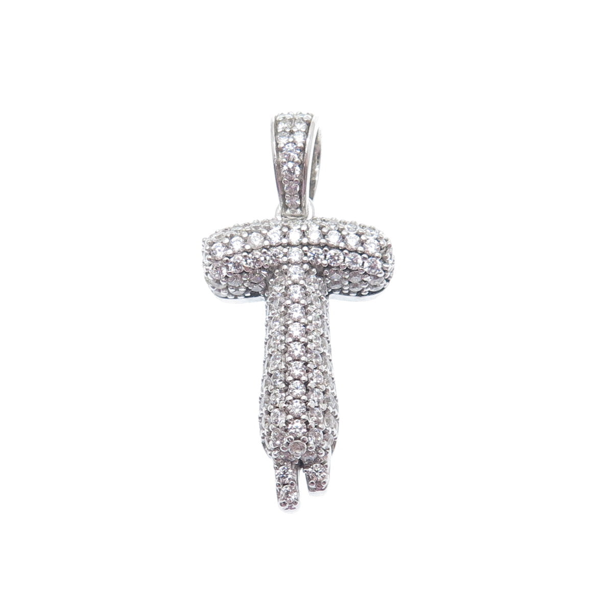 925 Sterling Silver Round-Cut C Z Sparkle Melted Letter T Initial Charm Pendant