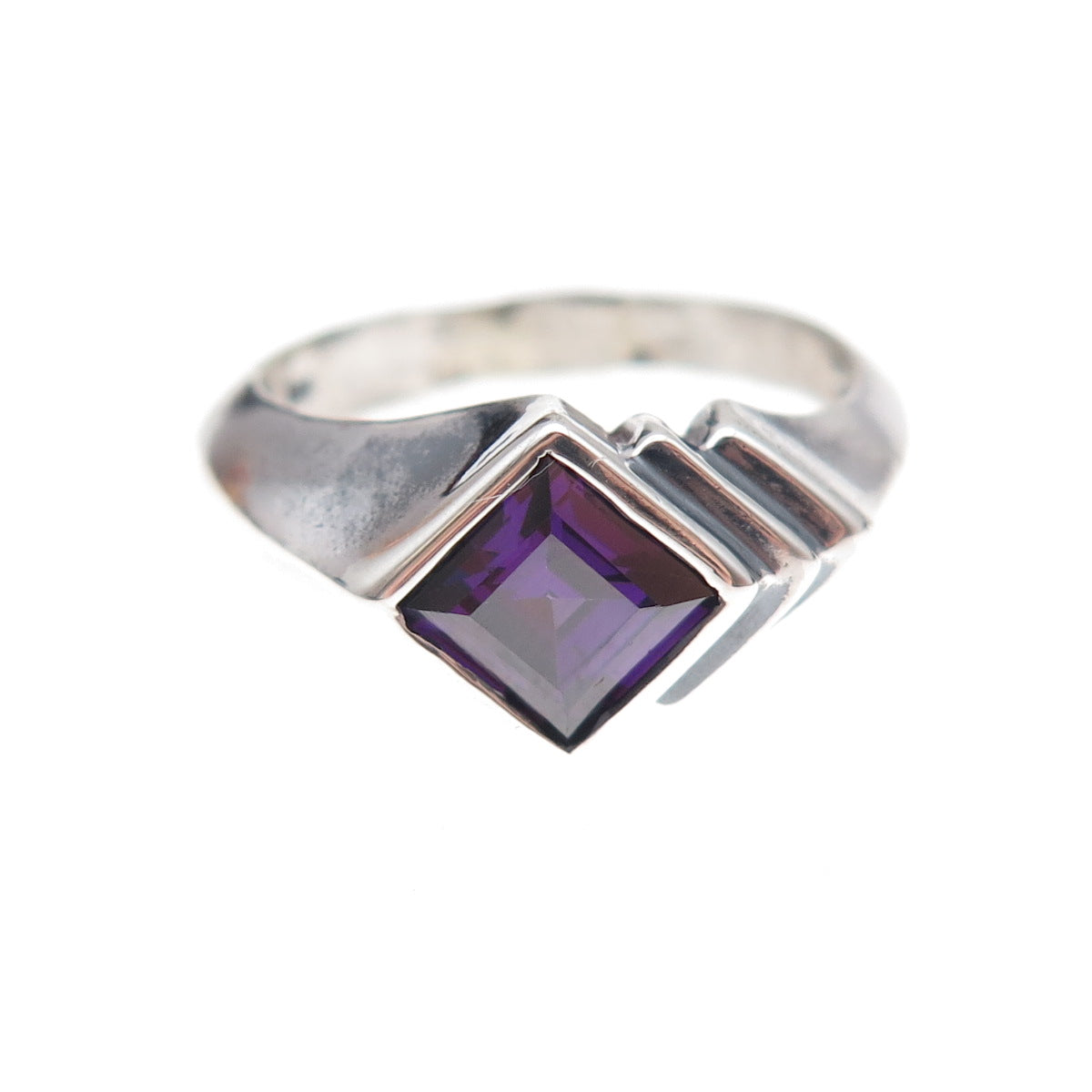 925 Sterling Silver Vintage Real Amethyst Modernist Oxidized Ring Size 7.75