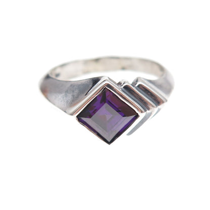 925 Sterling Silver Vintage Real Amethyst Modernist Oxidized Ring Size 7.75