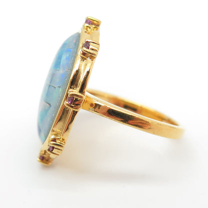 925 Sterling Silver Gold Plated Real Opal Inlay & Amethyst Ring Size 6