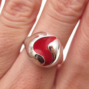 835 Silver Vintage Enamel Modernist Dome Oxidized Adjustable Ring Size 7