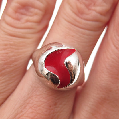 835 Silver Vintage Enamel Modernist Dome Oxidized Adjustable Ring Size 7