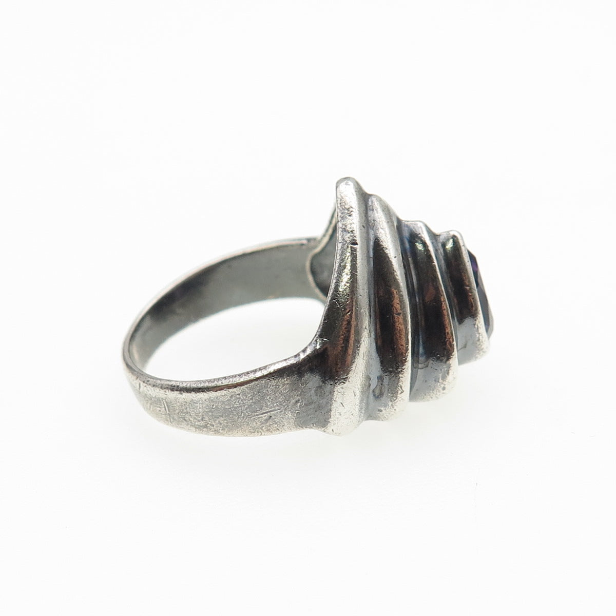 925 Sterling Silver Vintage Real Amethyst Modernist Oxidized Ring Size 7