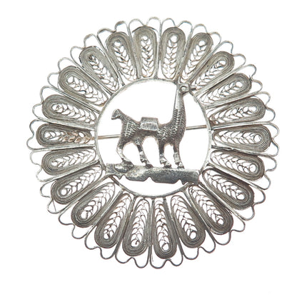 925 Sterling Silver Vintage Peruvian Llama Filigree Oxidized Pin Brooch