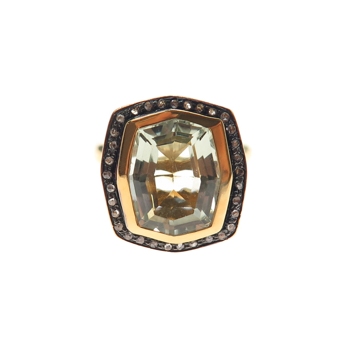 925 Sterling Silver Gold Plated Real Diamond & Green Amethyst Ring Size 6.75