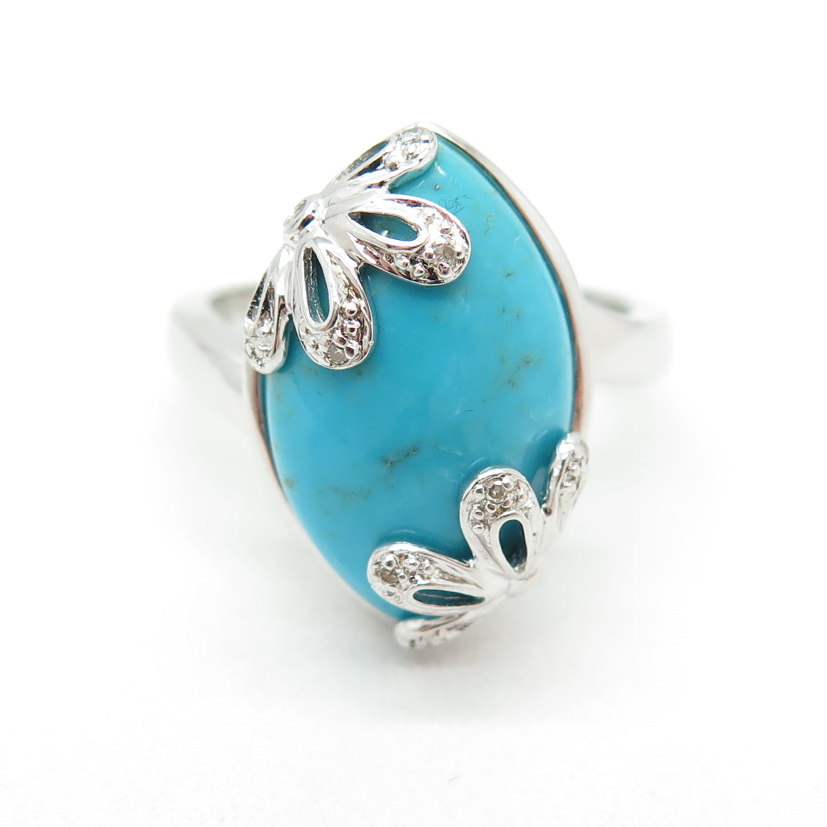 925 Sterling Silver Real Round-Cut Diamond & Turquoise Floral Ring Size 10