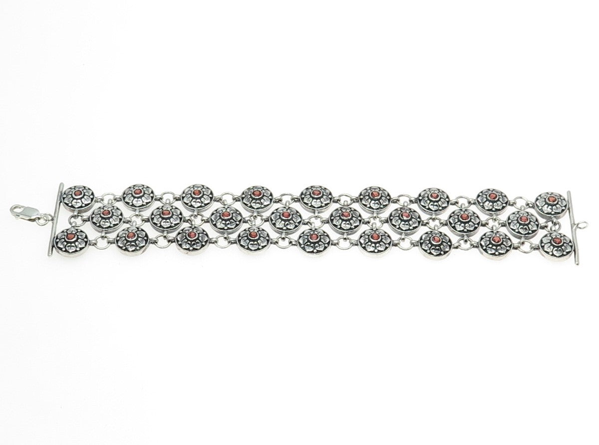 925 Sterling Silver Vintage Real Red Garnet Floral Disc Cluster Link Bracelet 7"