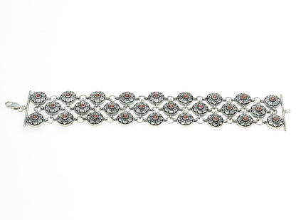 925 Sterling Silver Vintage Real Red Garnet Floral Disc Cluster Link Bracelet 7"