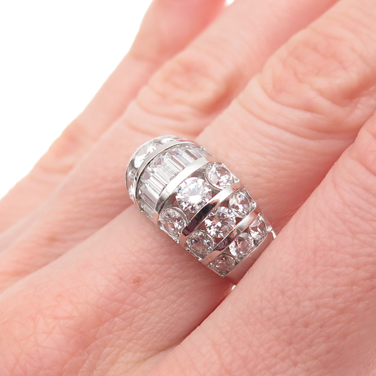 925 Sterling Silver Round & Emerald-Cut C Z Dome Ring Size 7