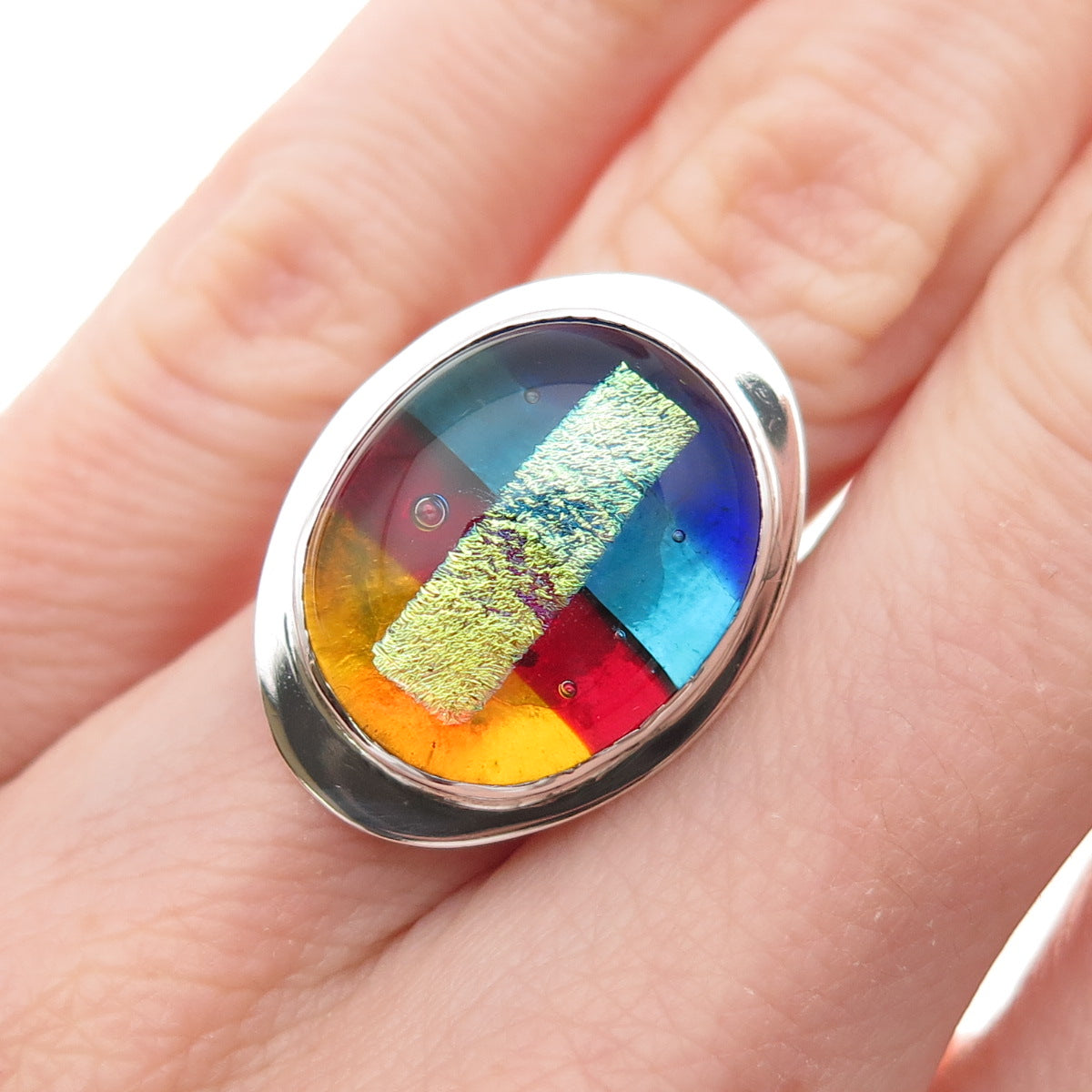 Barbara Sucherman 925 Sterling Silver Vintage Dichroic Glass Ring Size 5.25