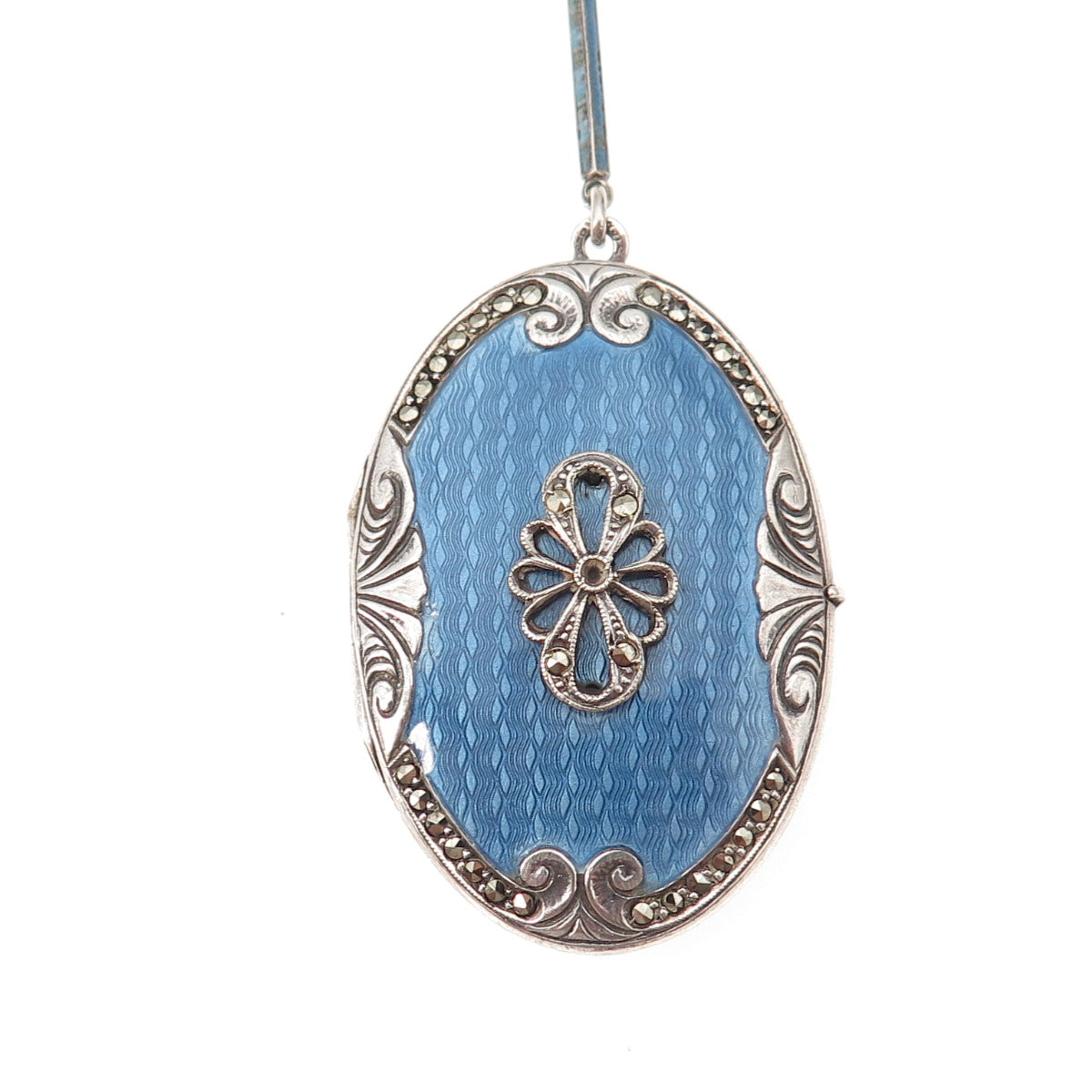 925 Sterling Silver Antique Enamel Marcasite Locket Necklace 30" (missing stone)