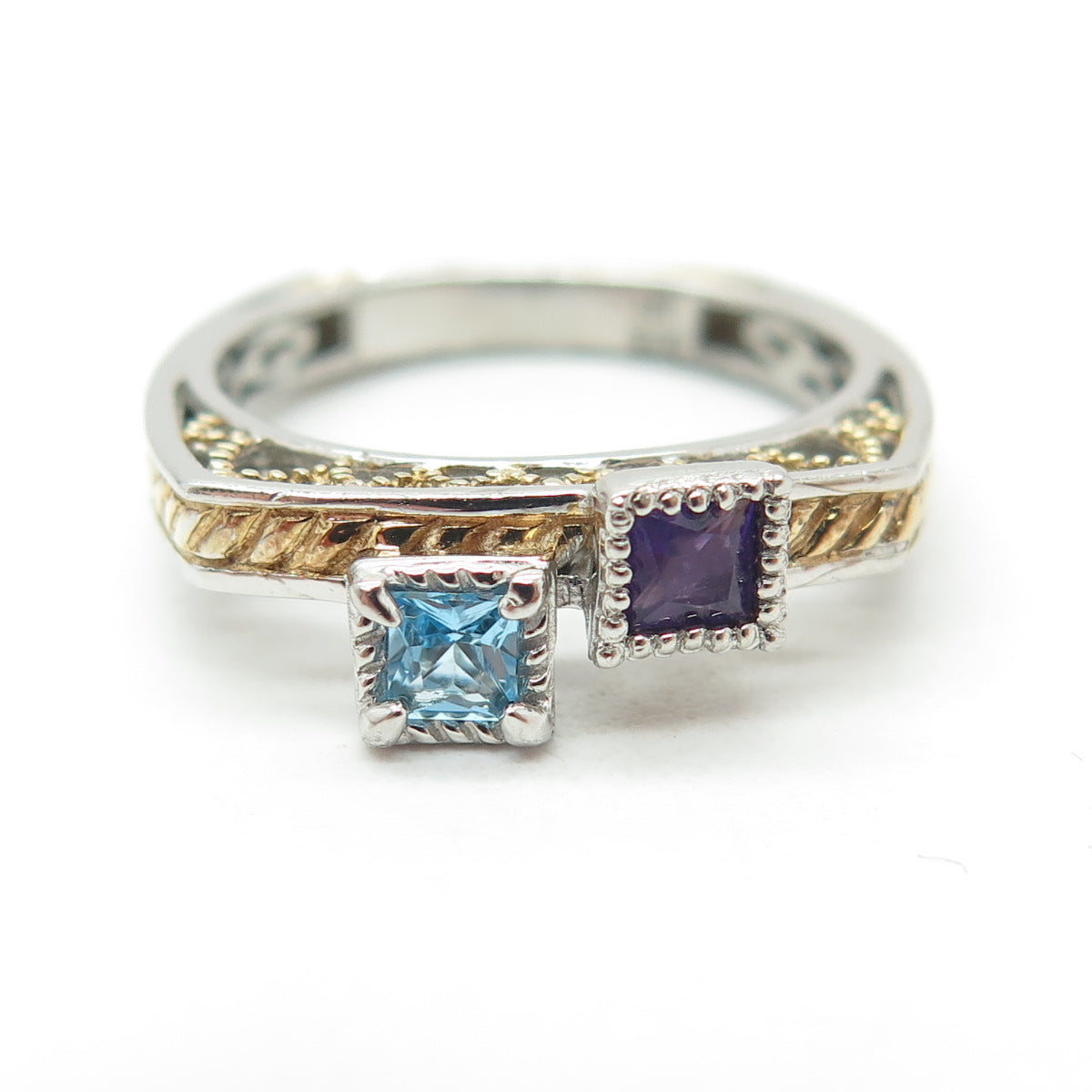 MICHAEL VALITUTTI 925 Sterling 2-Tone Amethyst Blue Topaz Gem Ring Size 7.25