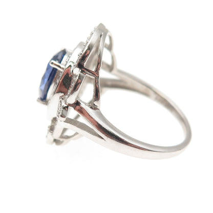 925 Sterling Silver Oval-Cut Blue & Round-Cut White C Z Ring Size 8