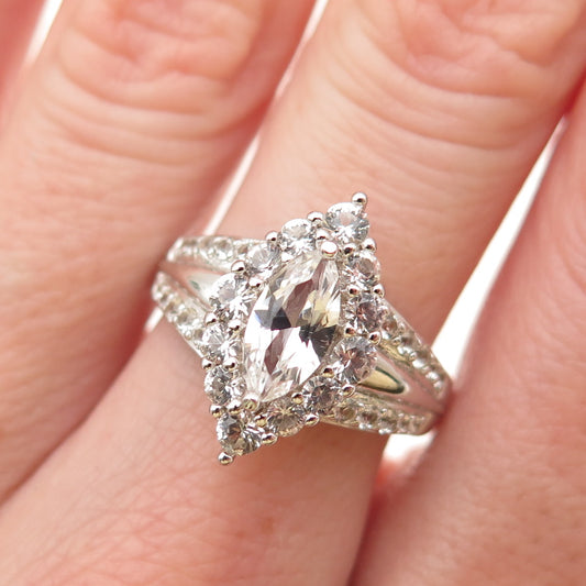 925 Sterling Silver Real Marquise & Round-Cut White Topaz Ring Size 7