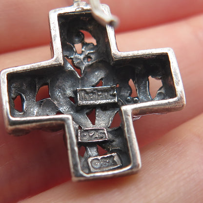 SX SALLY C 925 Sterling Silver Vintage Ornate Cross Oxidized Dangle Earrings