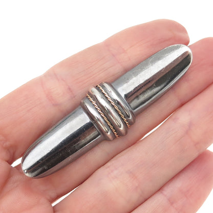 925 Sterling Silver 14K Gold Vintage DND Modernist Bar Oxidized Pin Brooch