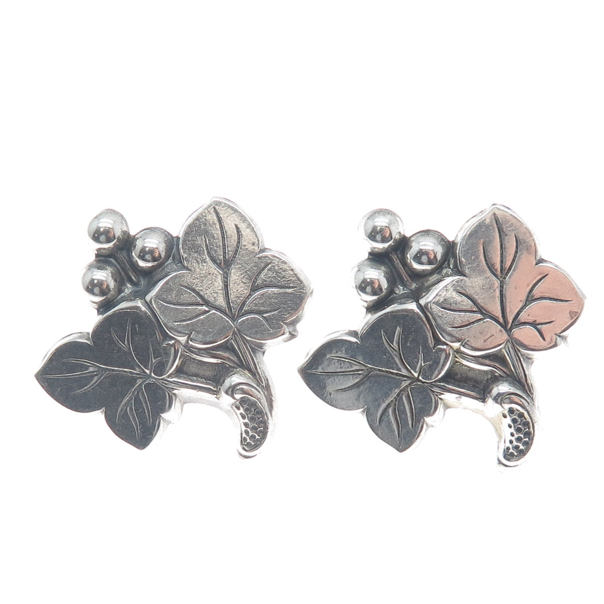 925 Sterling Silver Vintage Grape & Leaf Repopusse Screw Back Earrings