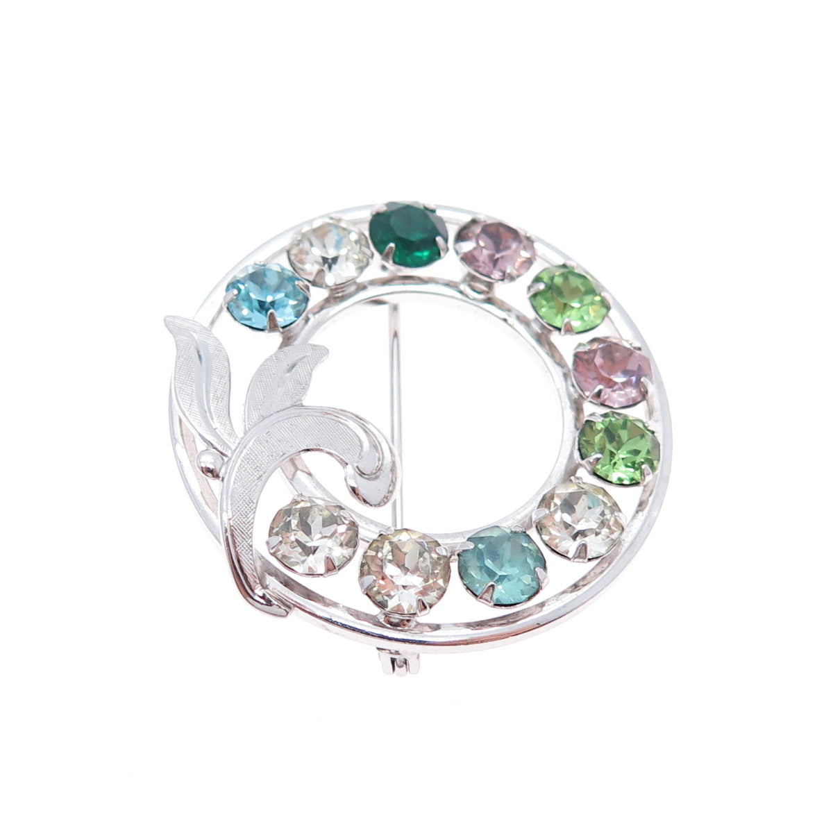 VAN DELL 925 Sterling Silver Antique Art Deco Multi-Color Rhinestone Pin Brooch