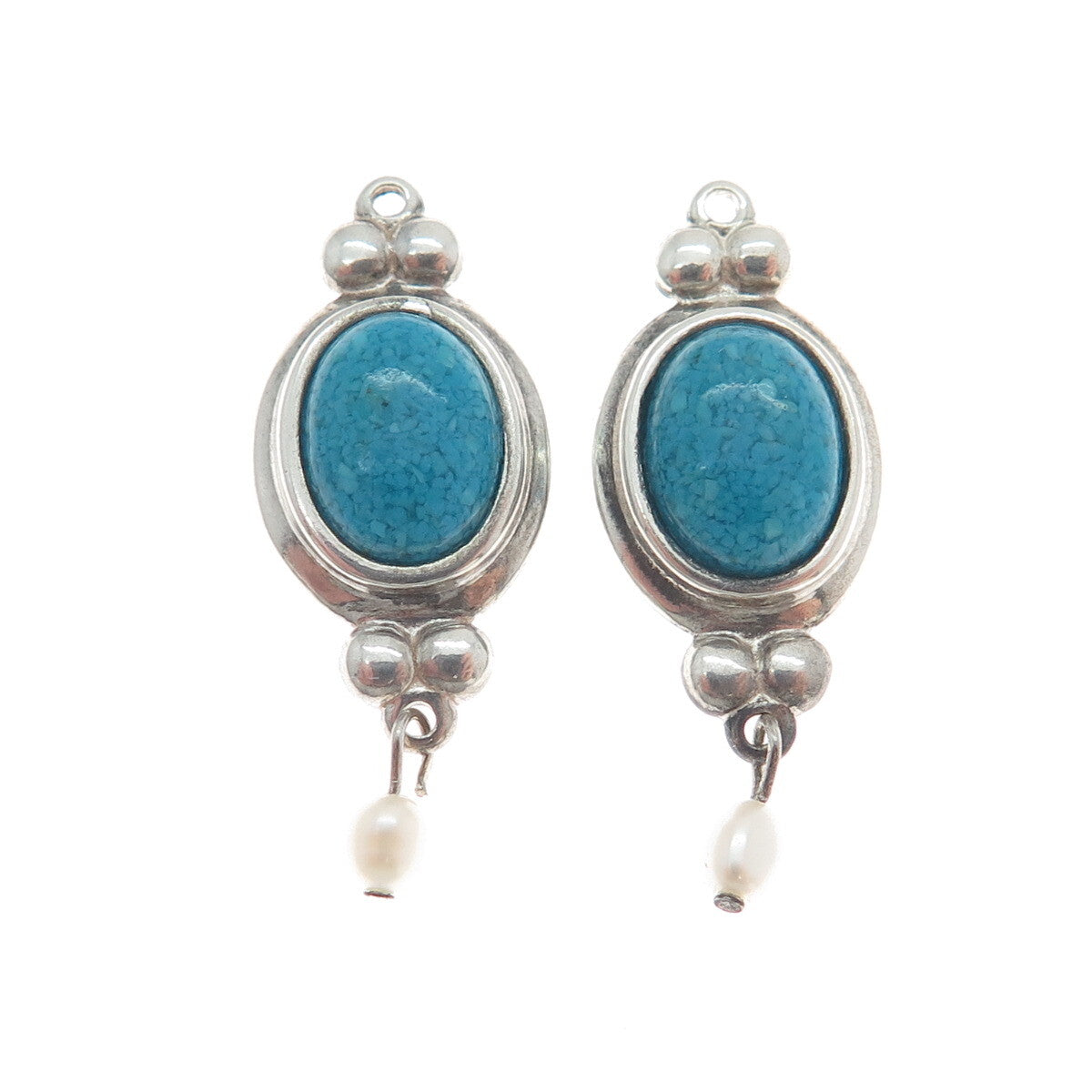 COLEMAN CO. 925 Sterling Silver Vintage Turquoise Gem & Pearl Jacket Earrings