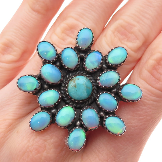 925 Sterling Silver Vintage Real Turquoise Opal Floral Statement Ring Size 7.75