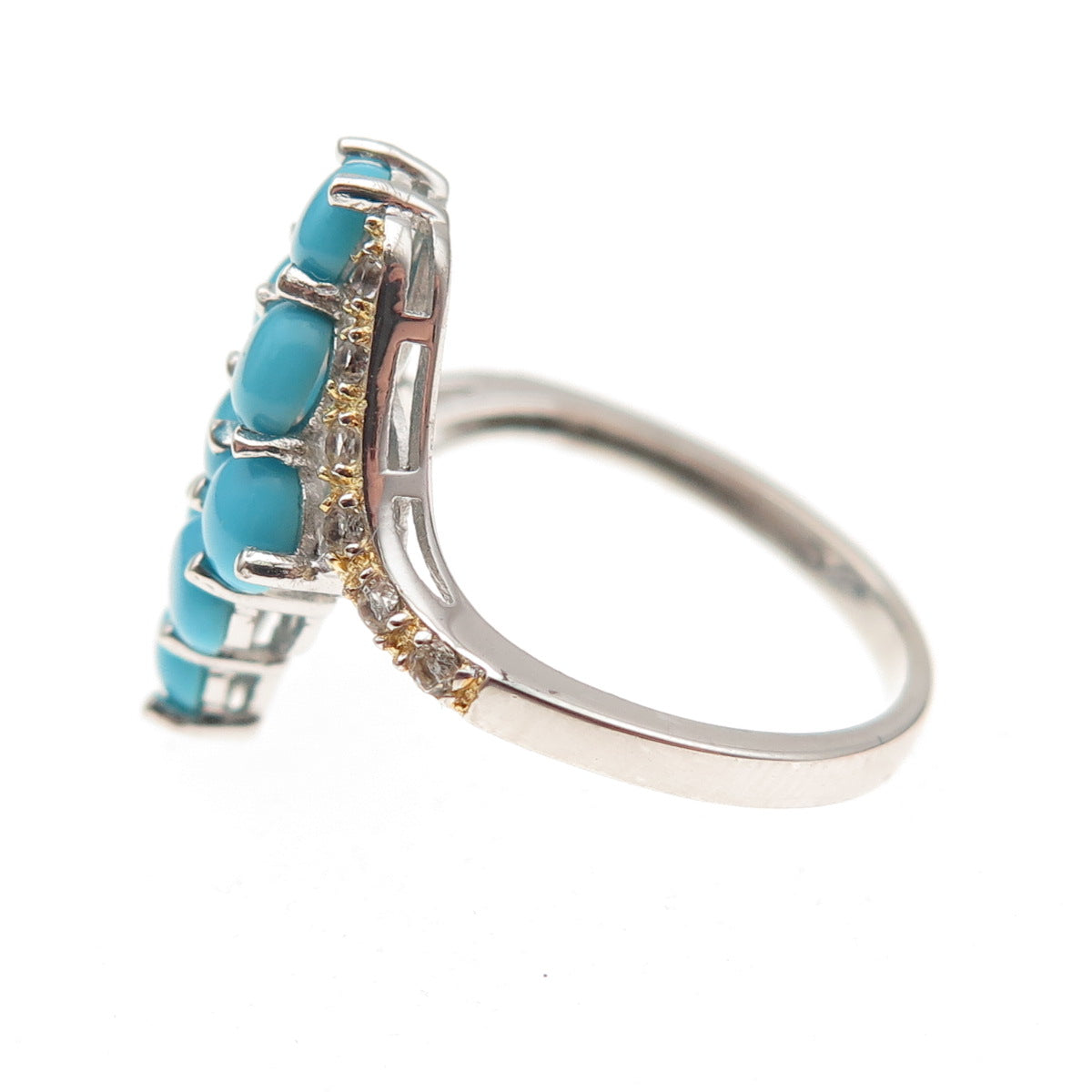925 Sterling 2-Tone Real Sleeping Beauty Turquoise & White Topaz Ring Size 7.25