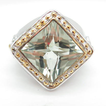 925 Sterling Silver 2-Tone Real Green Amethyst Granulated Ring Size 6.25