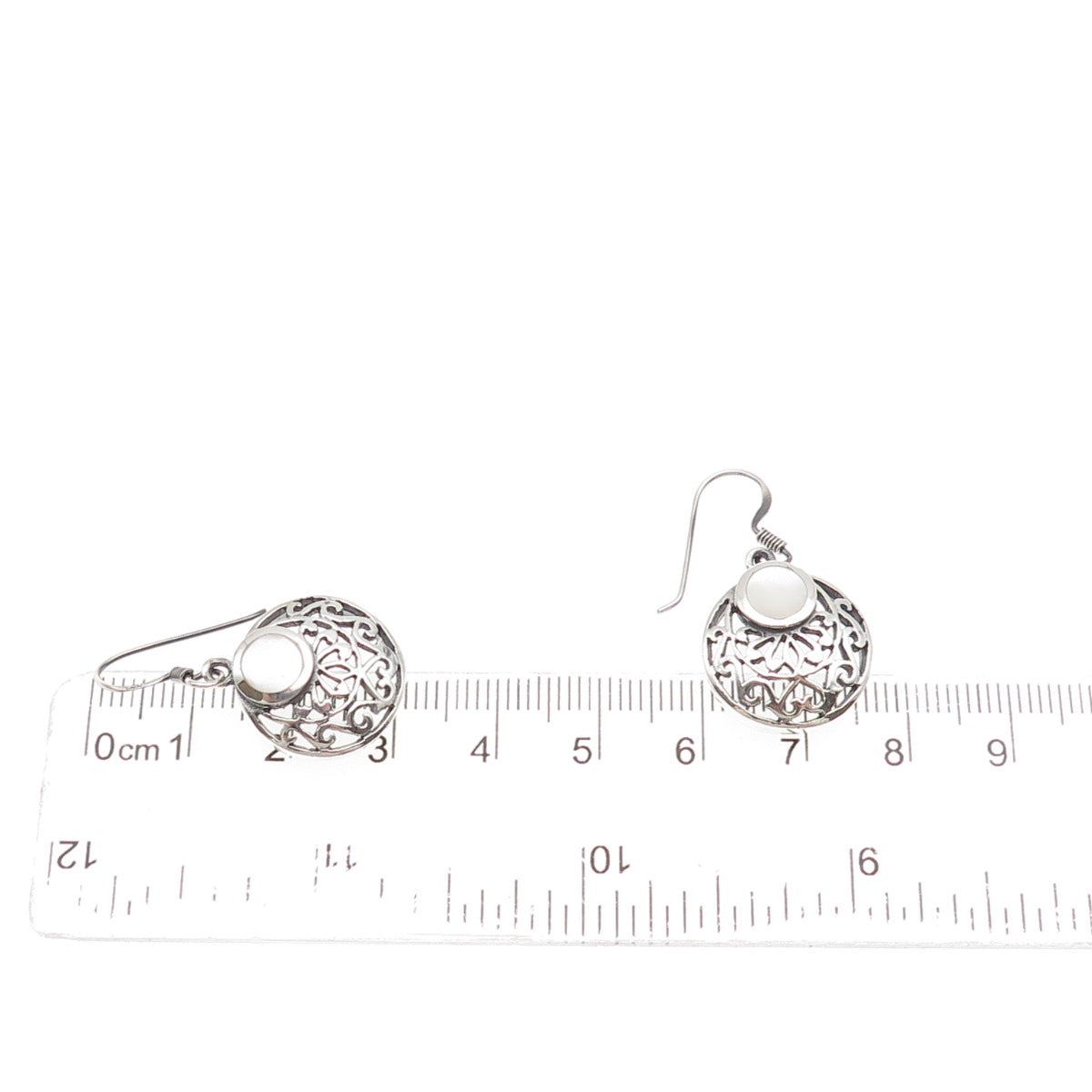 925 Sterling Silver Vintage Real MOP Floral Crescent Disc Dangle Earrings