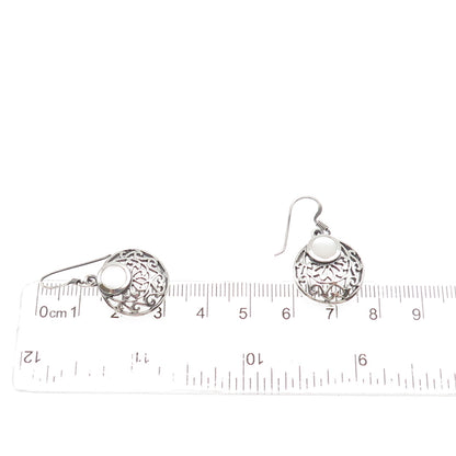925 Sterling Silver Vintage Real MOP Floral Crescent Disc Dangle Earrings