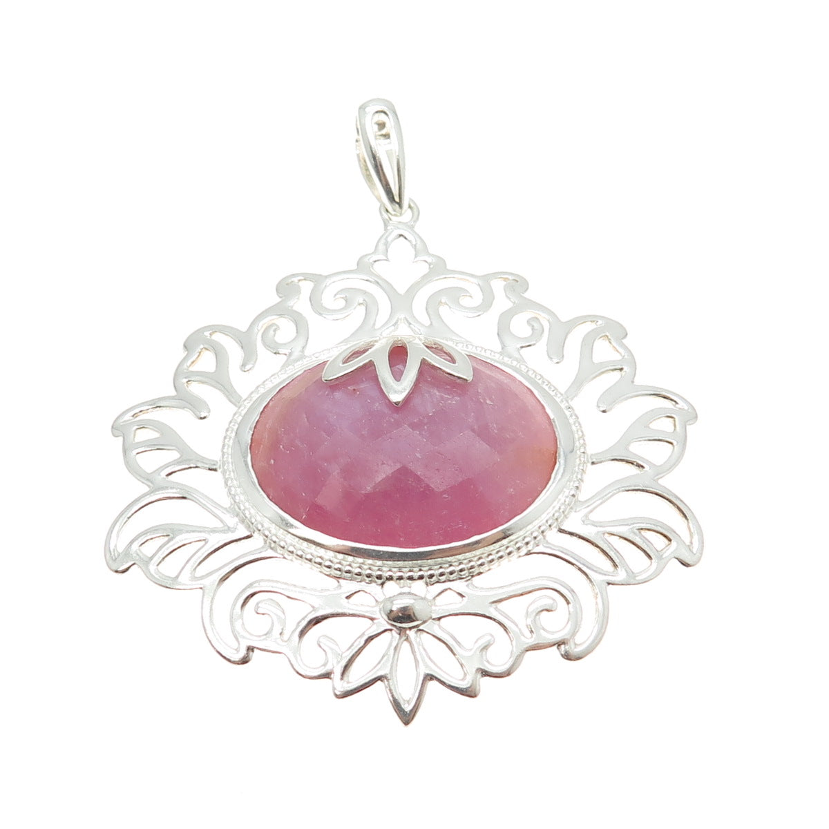 925 Sterling Silver Real Pink Sapphire Gemstone Ornate Pendant