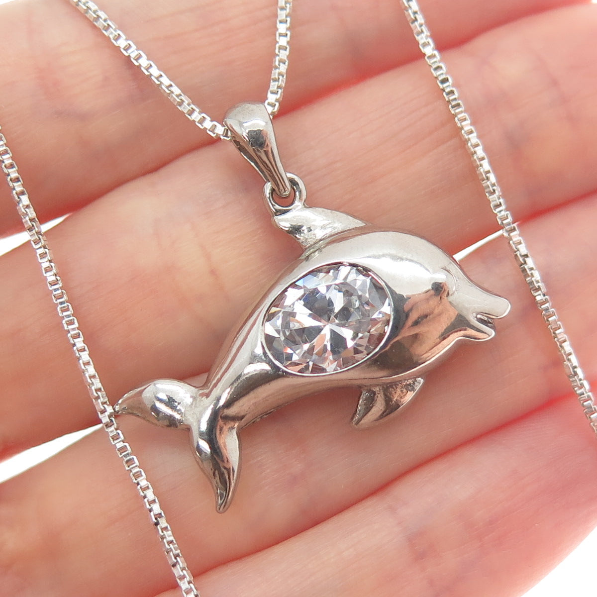 925 Sterling Silver Oval-Cut C Z Dolphin Box Chain Necklace 18"