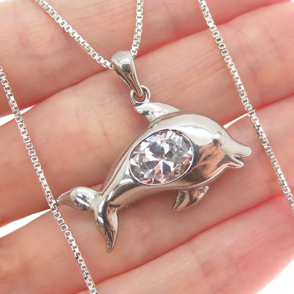 925 Sterling Silver Oval-Cut C Z Dolphin Box Chain Necklace 18"