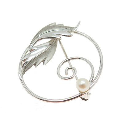 CURTMAN 925 Sterling Silver Antique Art Deco Real Pearl Leaf Circle Pin Brooch