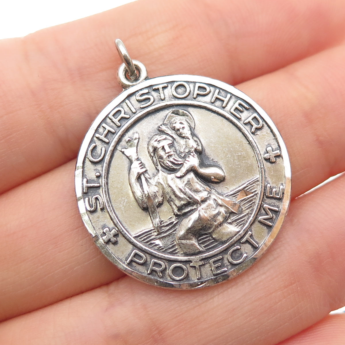 CREED 925 Sterling Silver Vintage Engraved St. Christopher Medal Charm Pendant