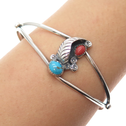 CJ Maria Navajo Old Pawn Sterling Turquoise Coral Feather Adjustable Bracelet 6"